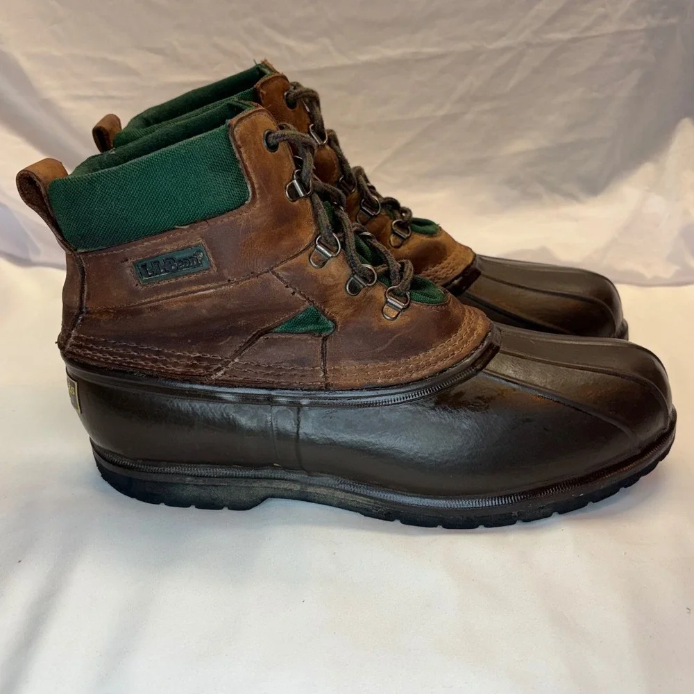 VTG LL Bean Duck Boots Mens 11 Leather‎ Green Canvas Waterproof Rain Snow Boot